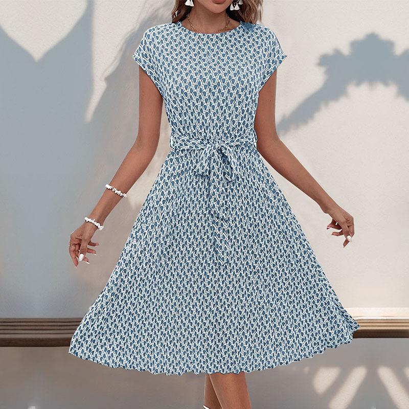 Summer Women's Dress Round Neck Elegant Fashion Printed Pleated Dresses