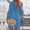 Casual Dresses - Women Fashion Boho Lace V Neck Mini Dress with Tassel Three Quarter Sleeve