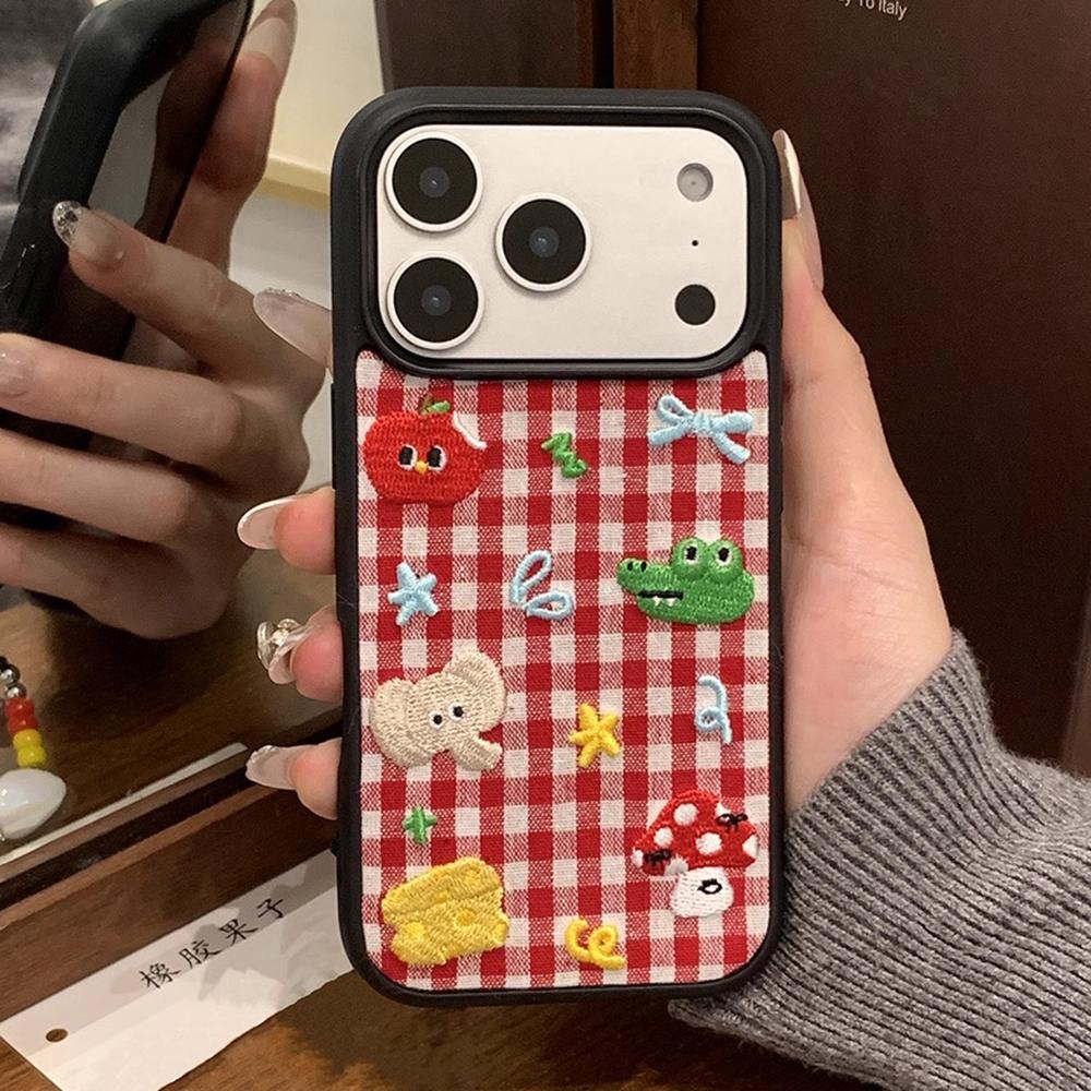 Чехол для телефона с вышивкой милых животных и красной клеткой для iPhone 17promax 17pro 16 15 14 Pro Max, милый противоударный чехол