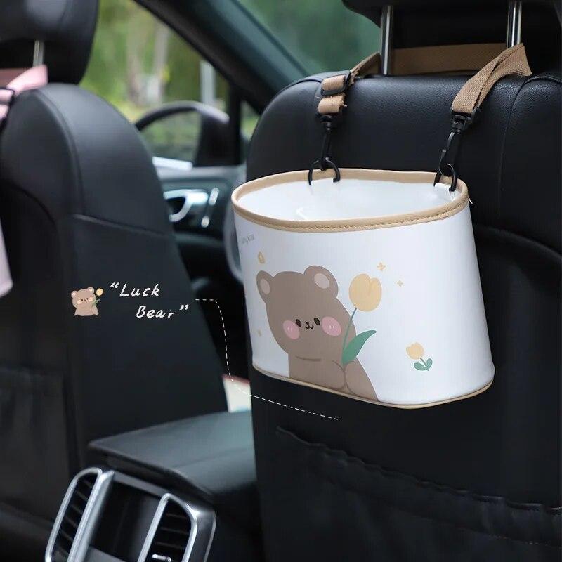 Cartoon Bear Car Seat Back Storage Bucket Leather Printing Hanging Waterproof Large Capacity Multi-function Trash Can