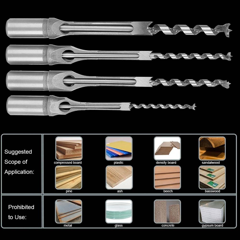 4pcs Square Hole Design Mortising Chisel Set 6.4/8/9.5/12.7mm Wood Drilling Hand Tools For Wood