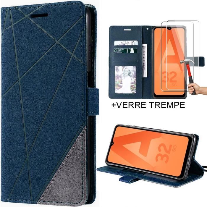 Coque + 2 Verres Trempés pour Samsung A32 5G - Coque Effet Cuir Bleu Marine Fermeture Magnétique