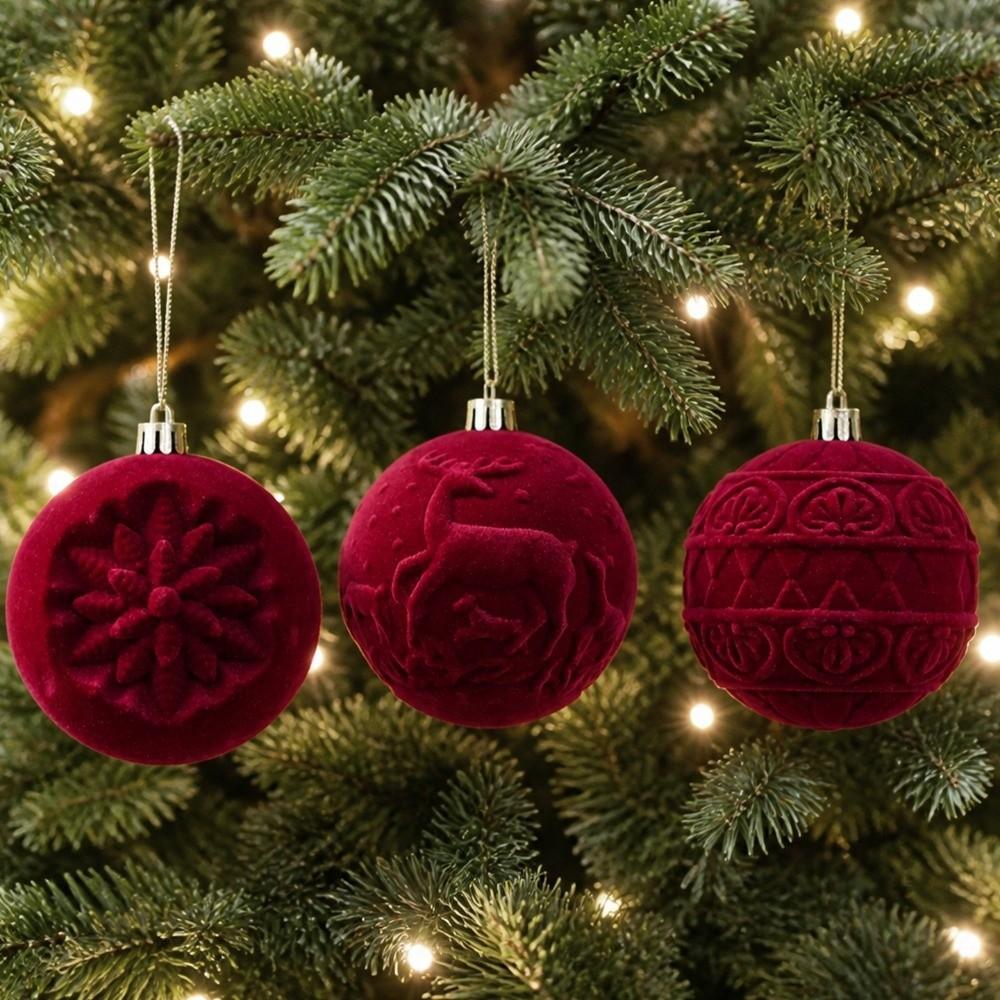 Break-Resistant Flocked Christmas Balls Ornaments 8 CM Red Tree Hangable Bauble Set Window Display
