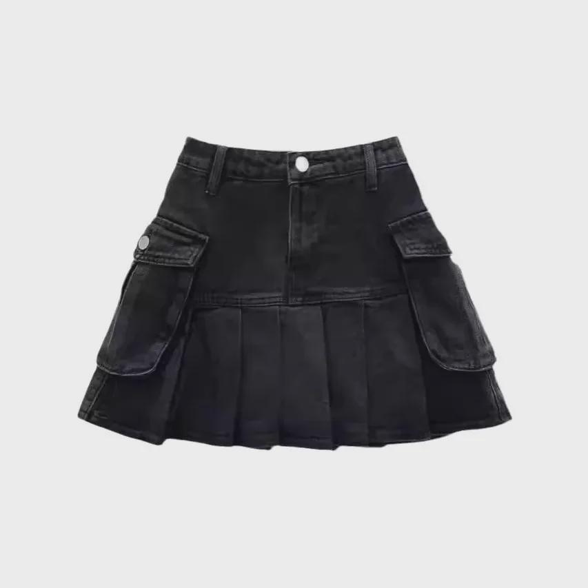 Лето 2024 г., черно-серая плиссированная джинсовая юбка с высокой талией — облегающий, универсальный, модный дизайн.