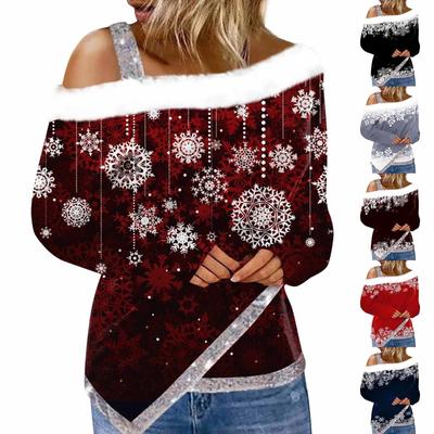 Женская футболка с неровным краем и рождественским принтом, длинный рукав с открытыми плечами, топ с пушистым флисовым воротником