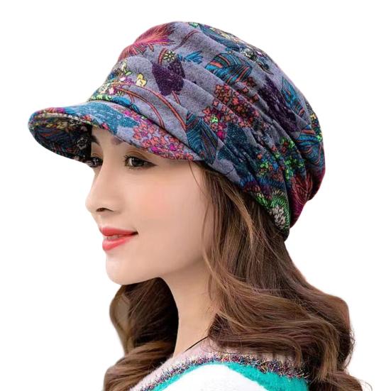Windproof Thick Women Fashionable Ethnic Style Floral Print Autumn Winter Hat