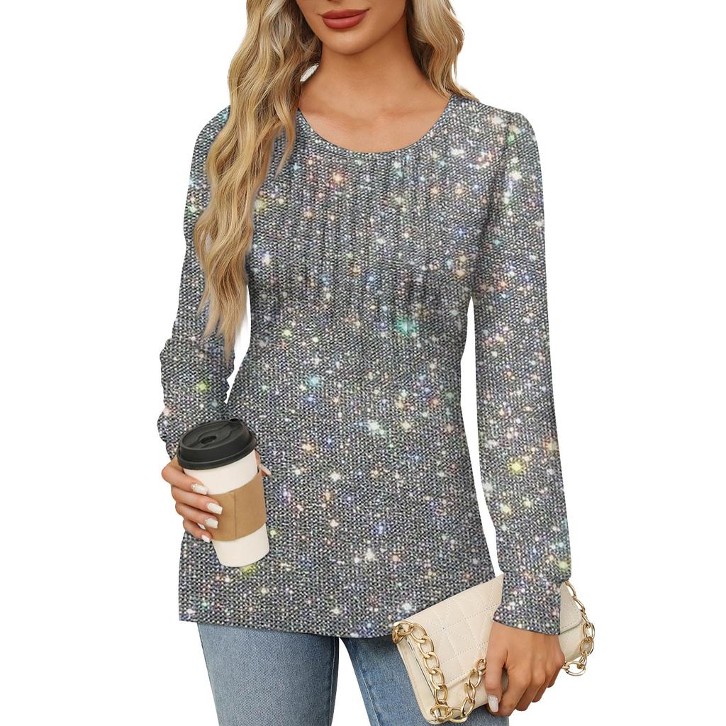 Женская повседневная плиссированная футболка с круглым вырезом и длинными рукавами с принтом