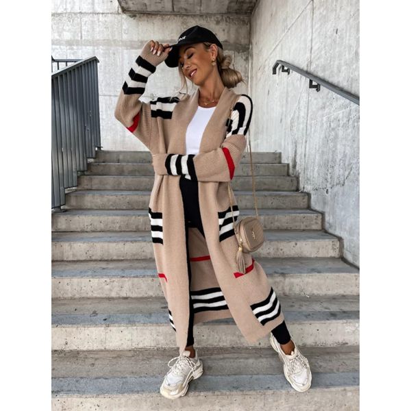 Осень-зима вязаный кардиган женский полосатый лоскутный 2022 элегантная свободная длинная верхняя одежда макси Y2k свитер пальто мягкая куртка