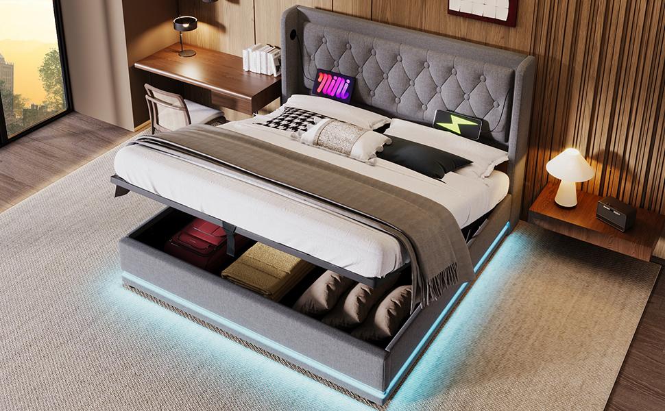 (=AB20149900G)Upholstered Double Bed 180*200cm, Grey Cotton Hydraulic Storage, Padded Headboard USB Type-C Charging, 3-Side LED (Without Mattress)