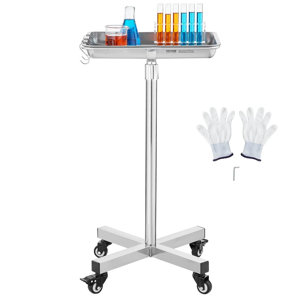 VEVOR Mayo Stand, Stainless Steel Mayo Tray, Load Capacity up to 35 lbs, Adjustable Height 25.2"-39.8"