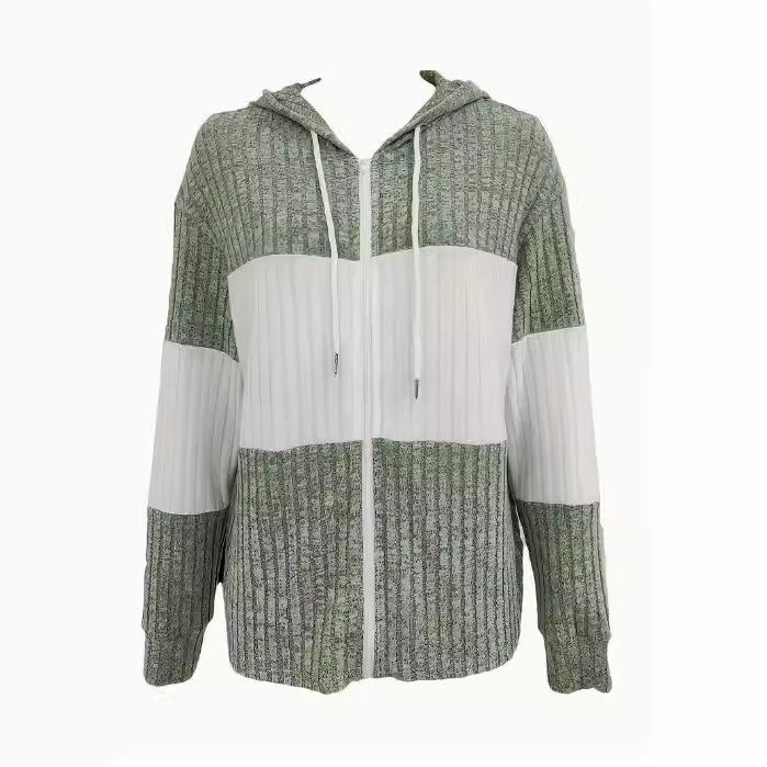 Женское оливково-зеленое худи на молнии в рубчик, белая контрастная полоса, капюшон со шнурком