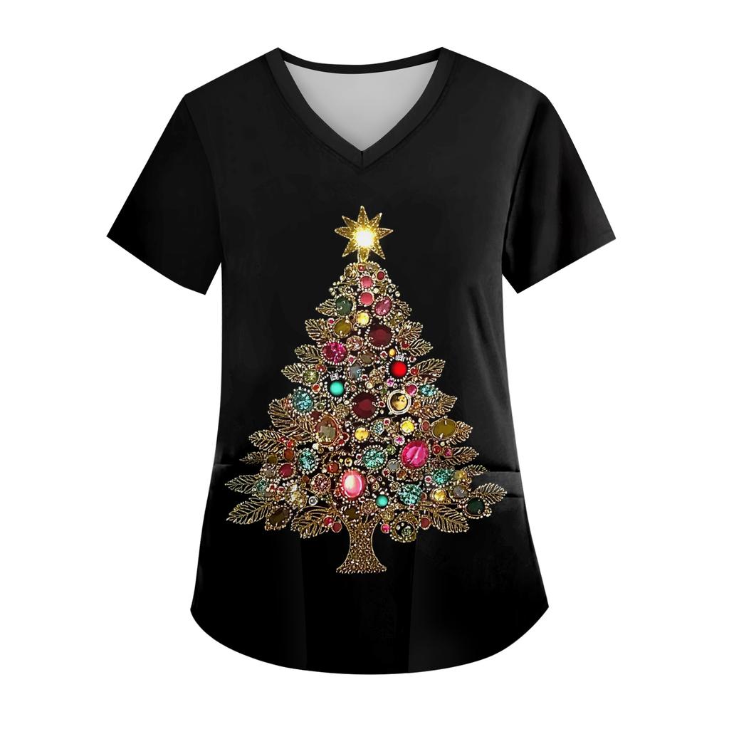 Women's V-neck Christmas Print Short-sleeved Pocket Side Slit Uniform Top