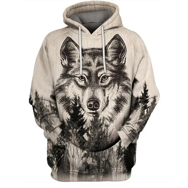 Black and White Wolf Print 3D Men's Hoodies Fashion Animal Pattern Women's Sweatshirts Leisure Essentials Pullover Jackets Coat