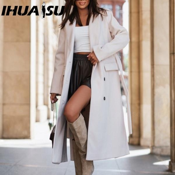 IHUASU Autumn and Winter Simple Long Sleeve Suit Collar Strap Wool Coat for Women Jackets & Coats