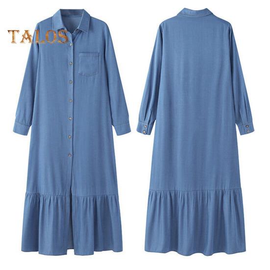 Женское платье макси с отложным воротником и длинными рукавами, однобортный кардиган, свободный однотонный цвет с рюшами в стиле пэчворк, струящийся подол, для путешествий, поездок на работу, весна-лето