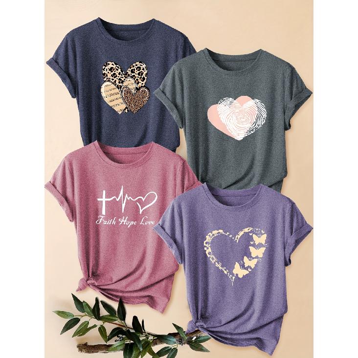 Four-piece set of women's heart-patterned short-sleeve shirts Leopard print hollow-out pink heart ECG print round-neck summer dress T Shirt Suitable