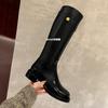 Spot Second Hair! Fashion Versatile New Round Head Retro Small Gold Coin Buckle with Leather Thick Heel Tall Knight Boots for Women