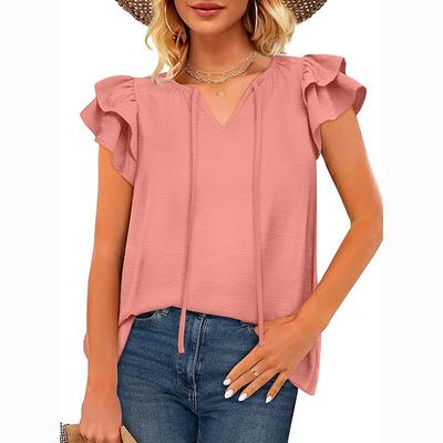 2023 Лето V-образный вырез на шнуровке с рукавами-бабочками шифоновая блузка модная женская элегантная стильная рубашка милые однотонные топы Blusas 26483