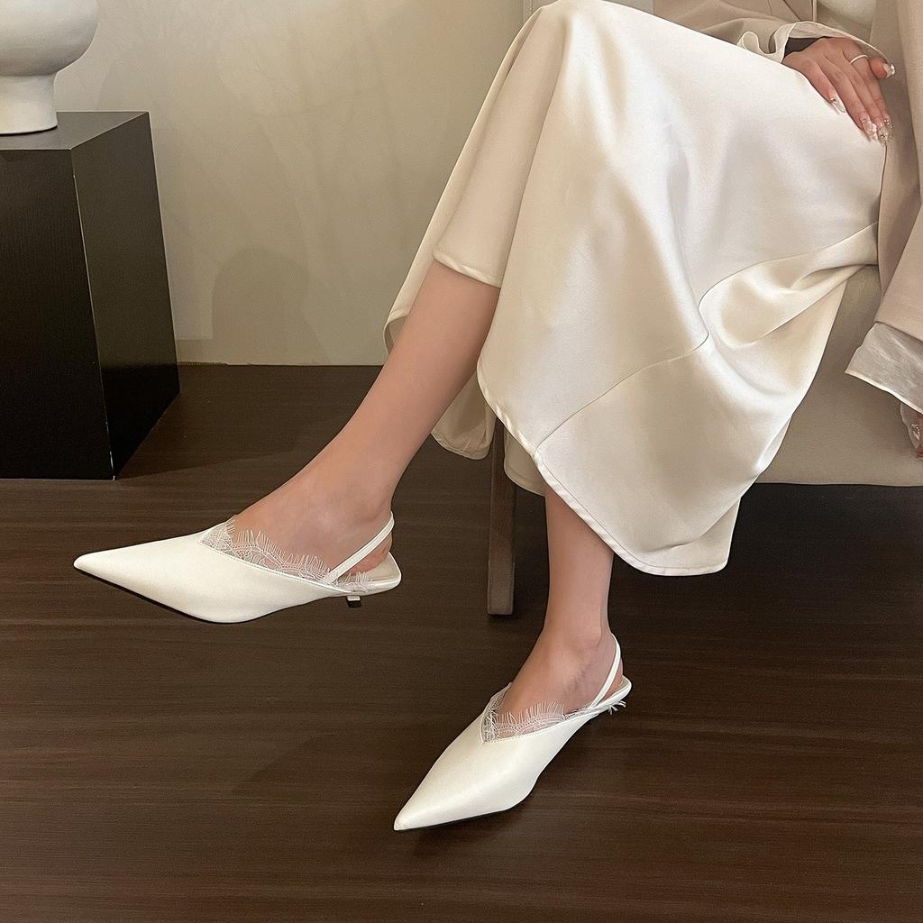 White Fantasy • Lace Light Mouth Single Shoes Women's 2025 Spring Pointed Back Low Heel Sandals