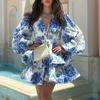Ruffle Edge Dress2025 European and American Women Elegant Fashion V-neck Puff Sleeve Print Frill Dress