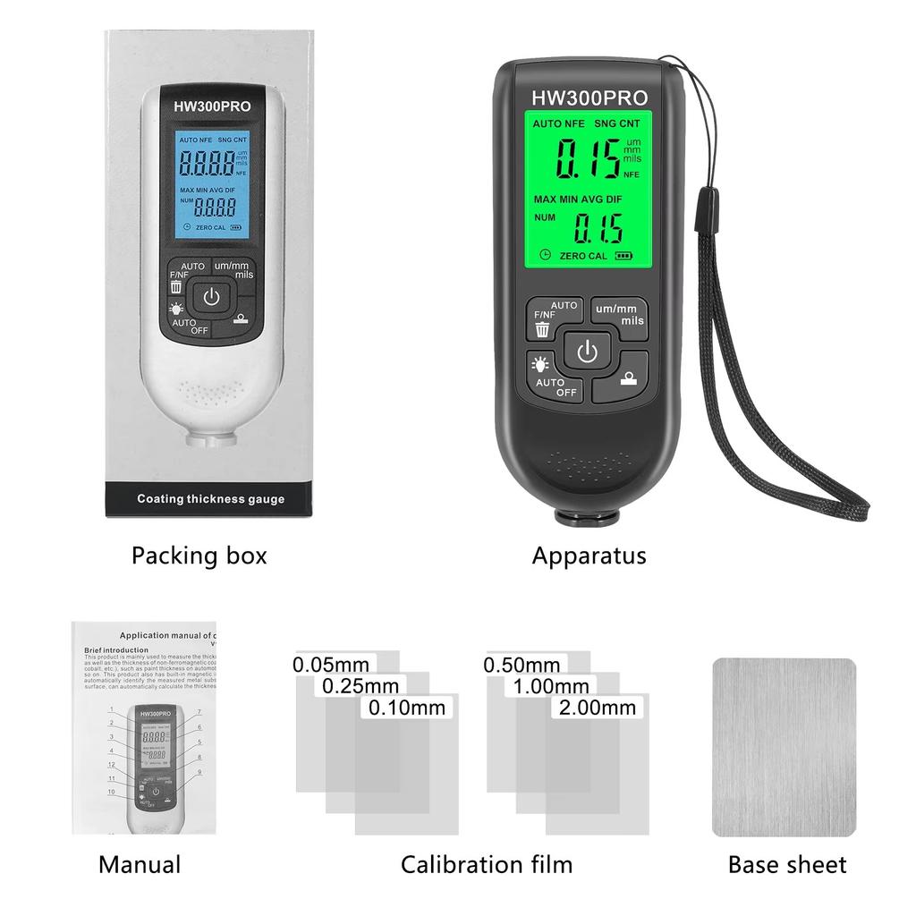 LCD Display Car Coating Thickness Gauge HW-300PRO Car Paint Film Thickness Tester MFE/NFE Manual Paint Tools with Backlight