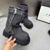 Designer Denim Women Ankle Boots Fashion Elegant Side Zippers Belt Buckle Shoes Thick Heel Women'S Morder Short Booties