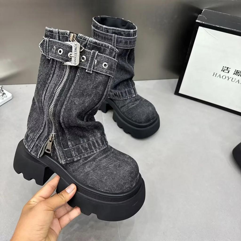 Designer Denim Women Ankle Boots Fashion Elegant Side Zippers Belt Buckle Shoes Thick Heel Women'S Morder Short Booties