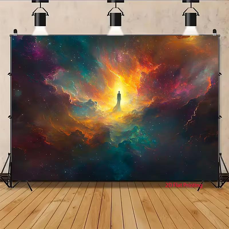 2D Mystical Galaxy Backdrop Silhouette in Vibrant Colorful Nebula Photography Background