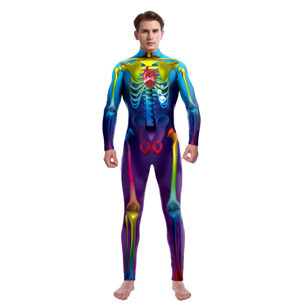 Scary Skeleton Printed Bodysuit Halloween Party Cosplay Costume for Adult Jumpsuit Zentai Catsuit Carnival Clothing