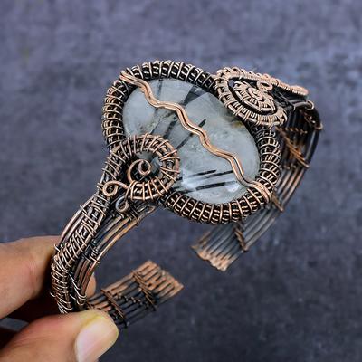 Натуральный черный рутил драгоценный камень медная проволока оплетка манжета браслет регулируемый Y1D83