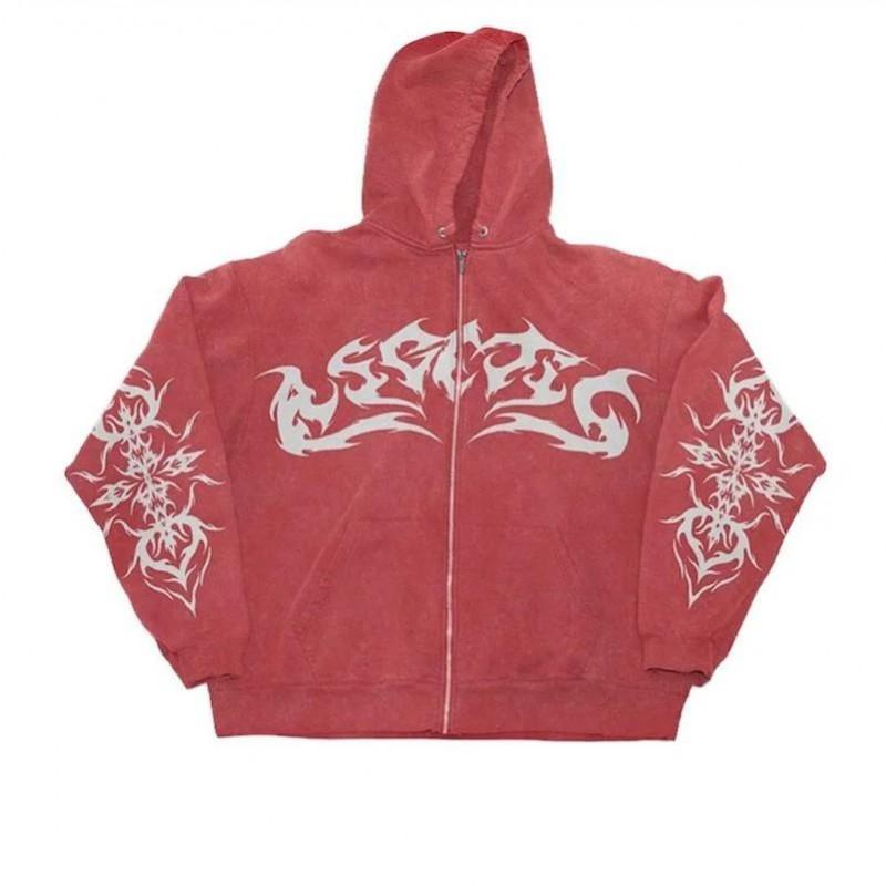 Oversized Gothic Print Hoodie Women - Streetwear Zip-Up Sweatshirt In Red Black White Flame Design