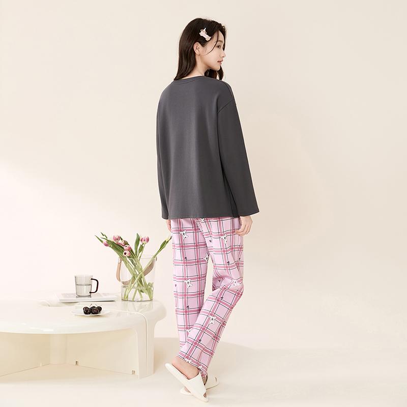 Fentengkan 100% Cotton Plaid Round Neck Long-Sleeved Pajama Set for Women
