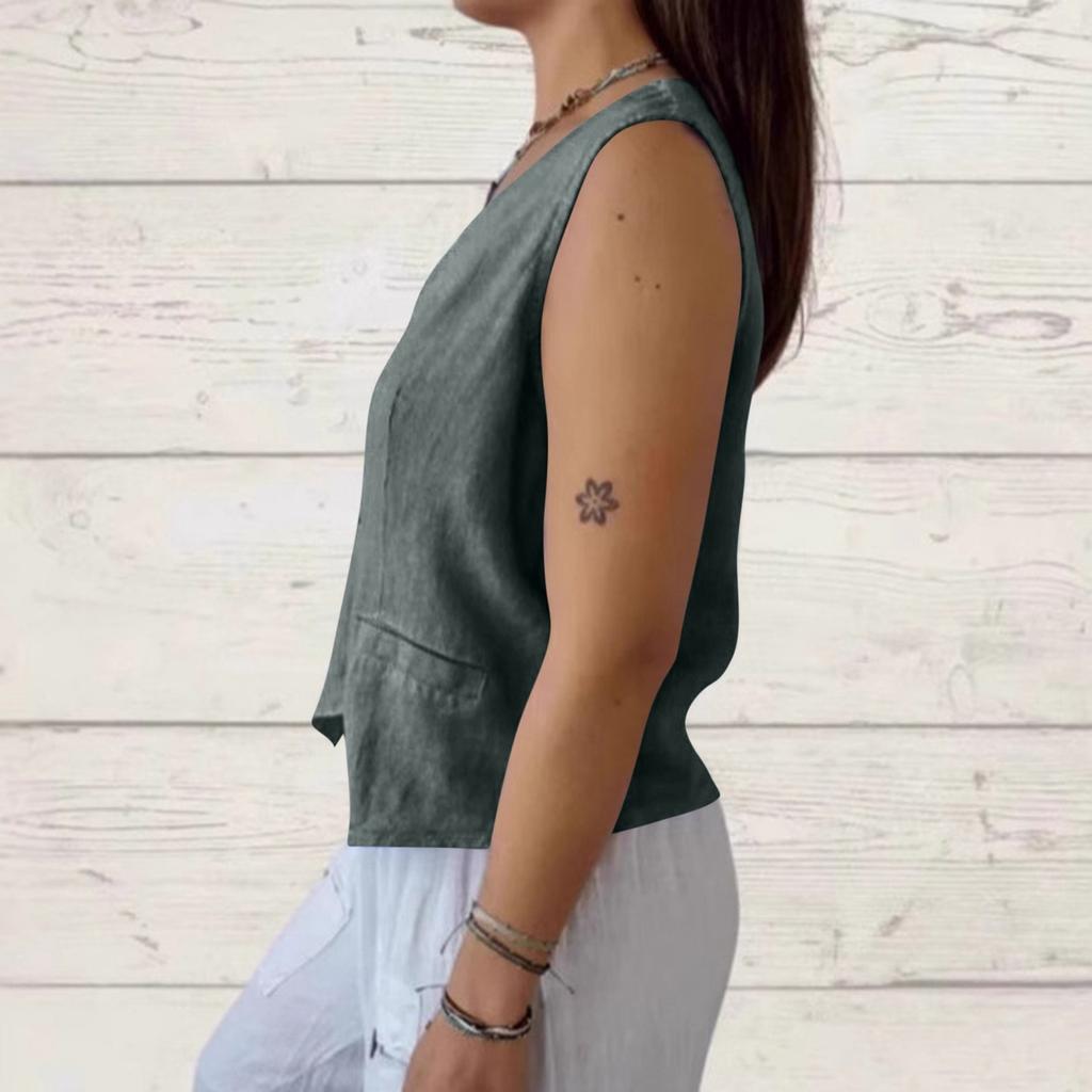 Ladies' Casual Solid-color Button-down Cotton And Linen Vest Sleeveless Cardigan