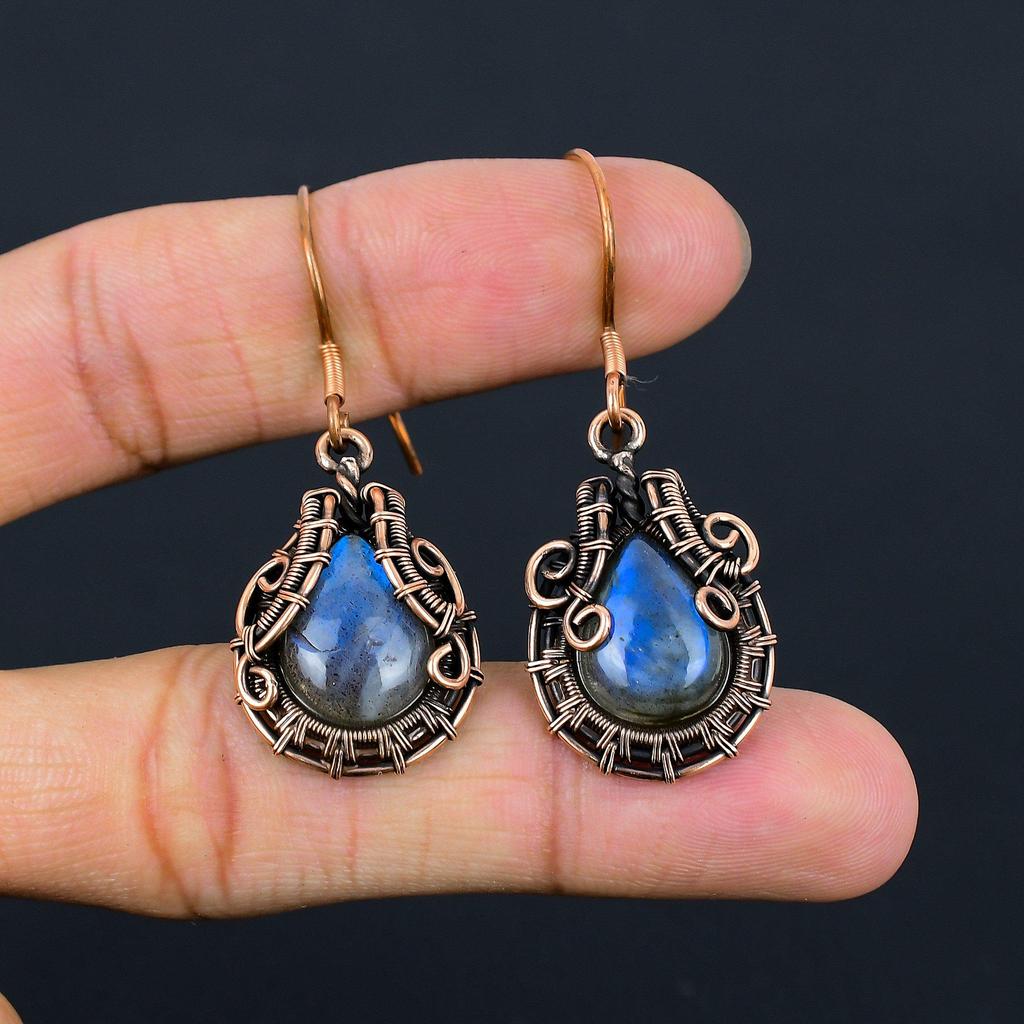 Серьги ручной работы красивой драгоценной камня лабрадорита в оболочке из чистой медной проволоки для подарка