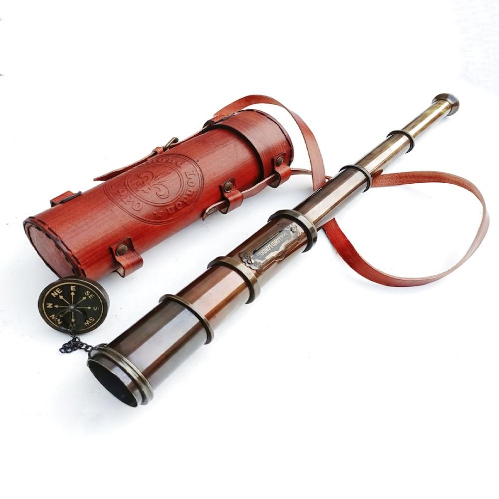 Телескоп ручной работы из латуни с кожаным футляром – 40,64 см, античный дизайн