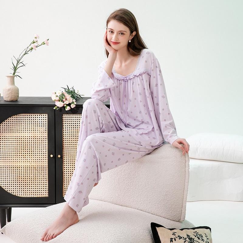 Fenteng [100% cotton] Spring square collar cardigan long sleeved French floral home suit women's sleepwear set