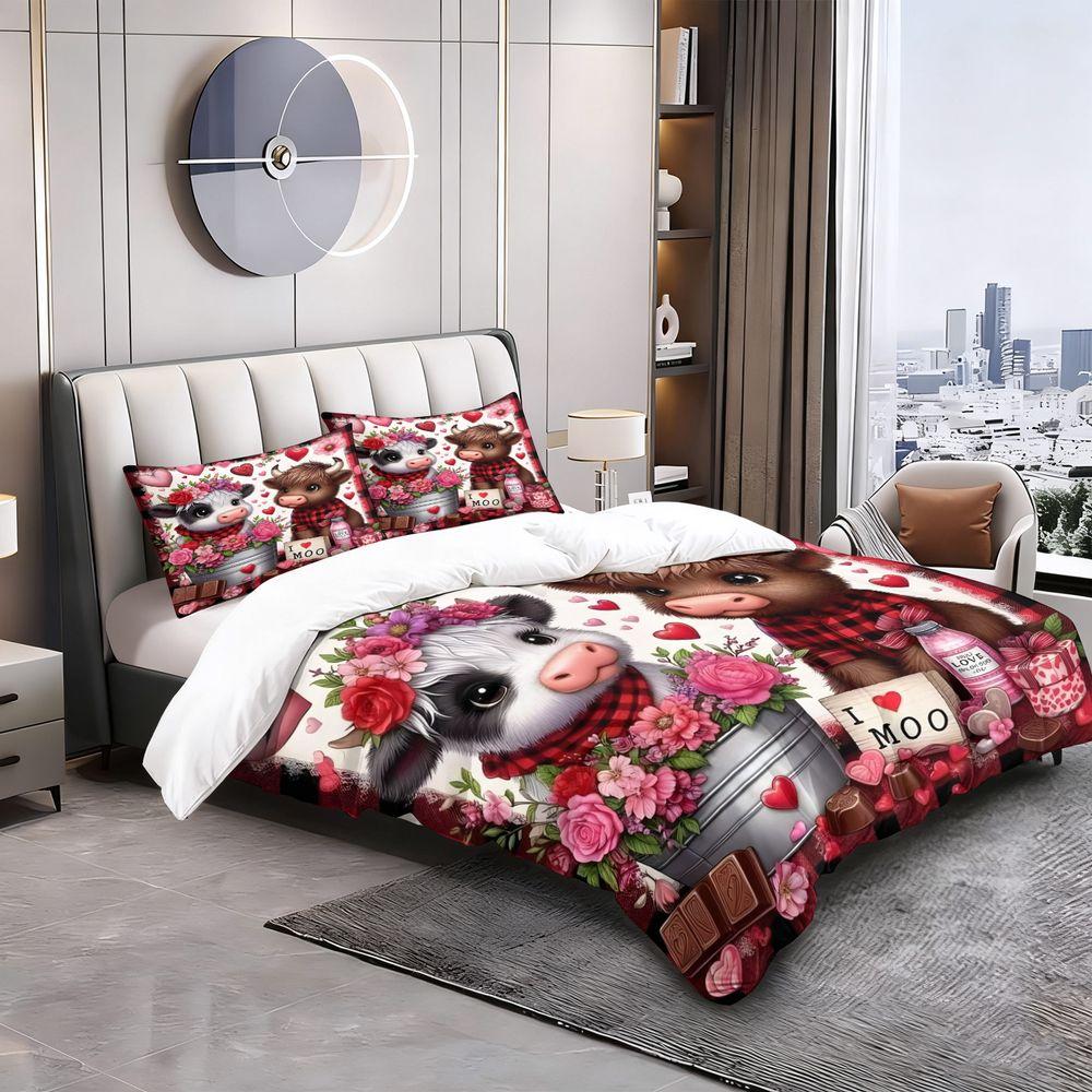 2/3Pcs Cute Cow Love Duvet Cover Set(1 Duvet Cover & 1/2 Pillowcase) Soft Bedding Set Romantic Valentine Gift Bedroom Decor