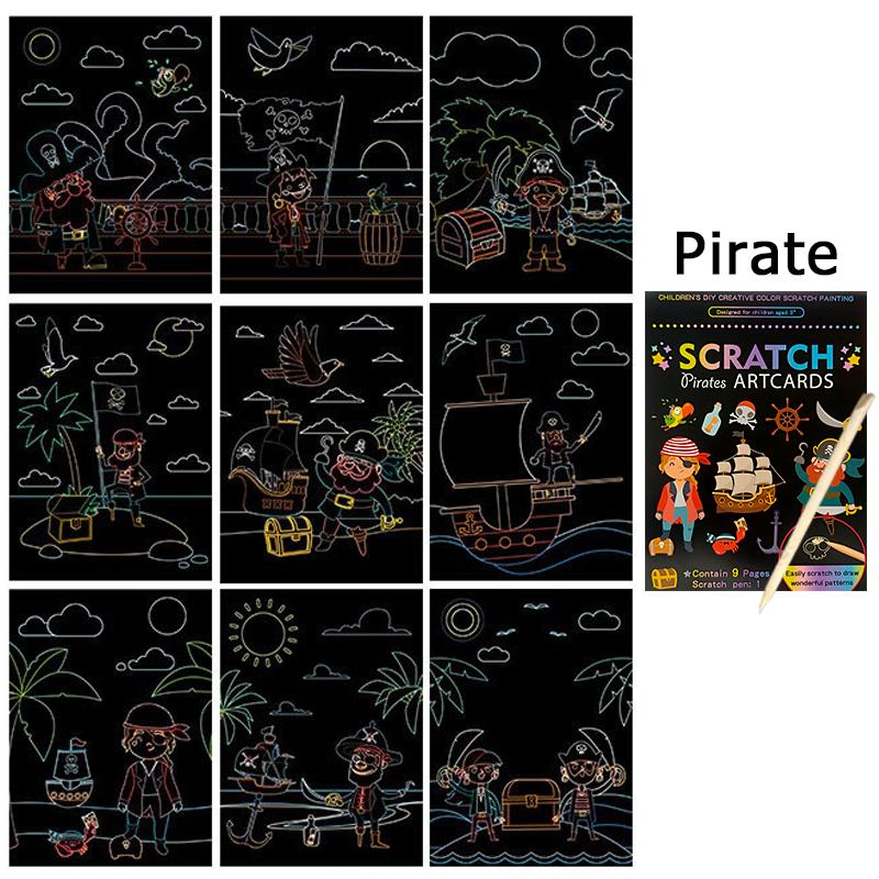 1Book Magic Rainbow Color Cartoon Scratching Paper 9PCS/Set DIY Scratch Graffiti Card Kit School Rewards Gift Party Souvenir ZYF