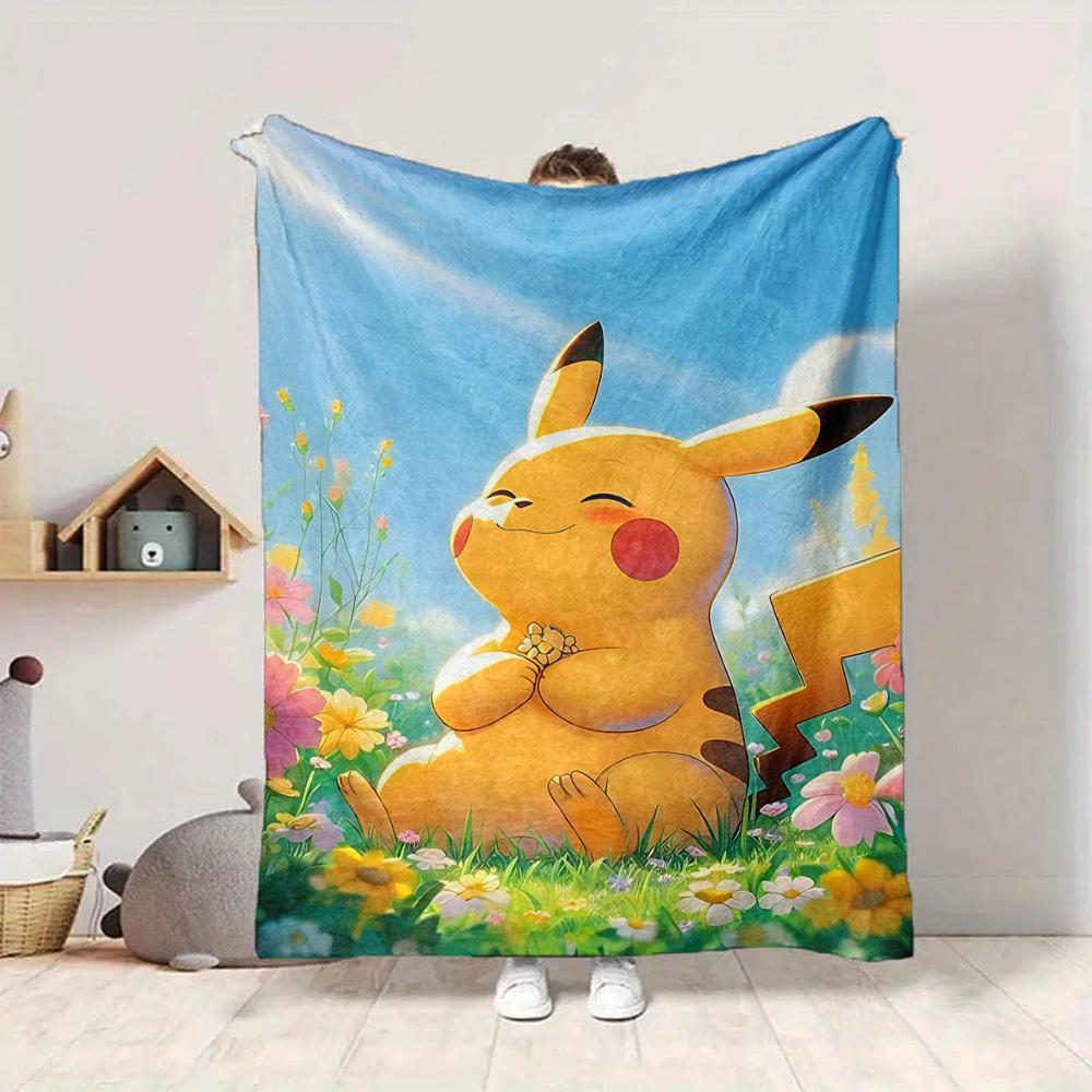 1pc Pikachu, Flowers Blanket Lightweight Flannel Blanket Throw Blanket For Sofa, Bed, Travel, Camping, Livingroom, Office, Couch