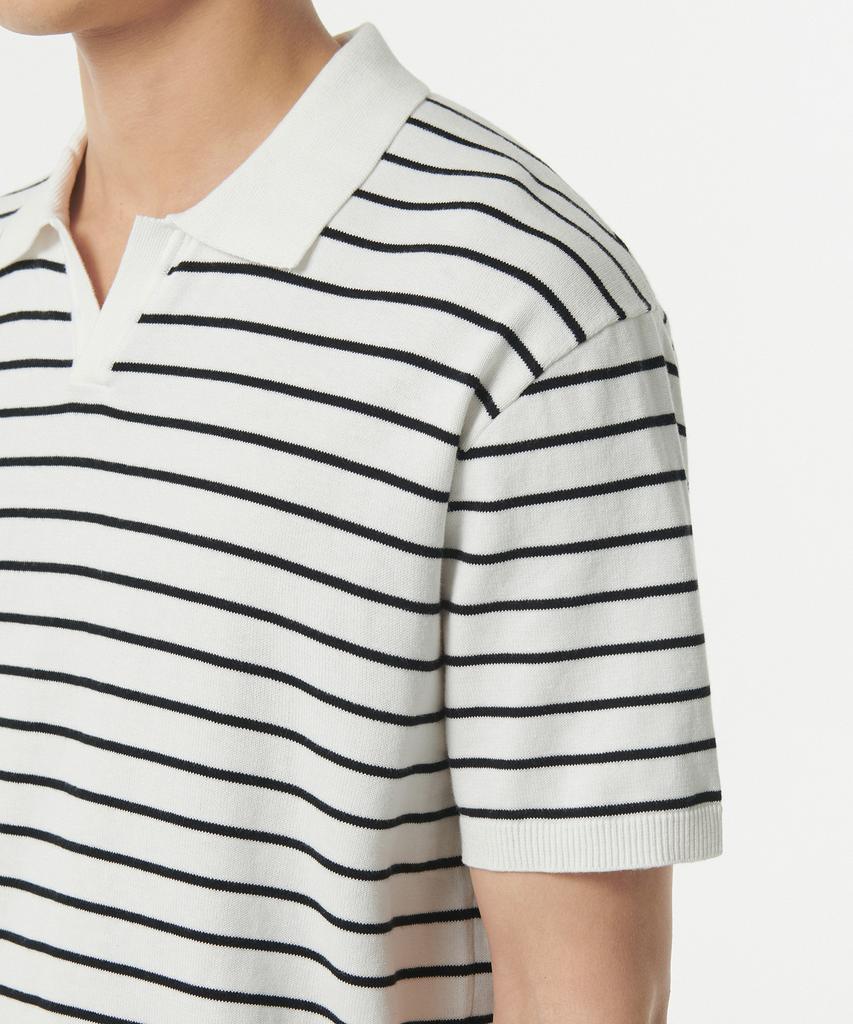 MUSINSA STANDARD Striped Slit Neck Knitted Polo Shirt [White/Black]