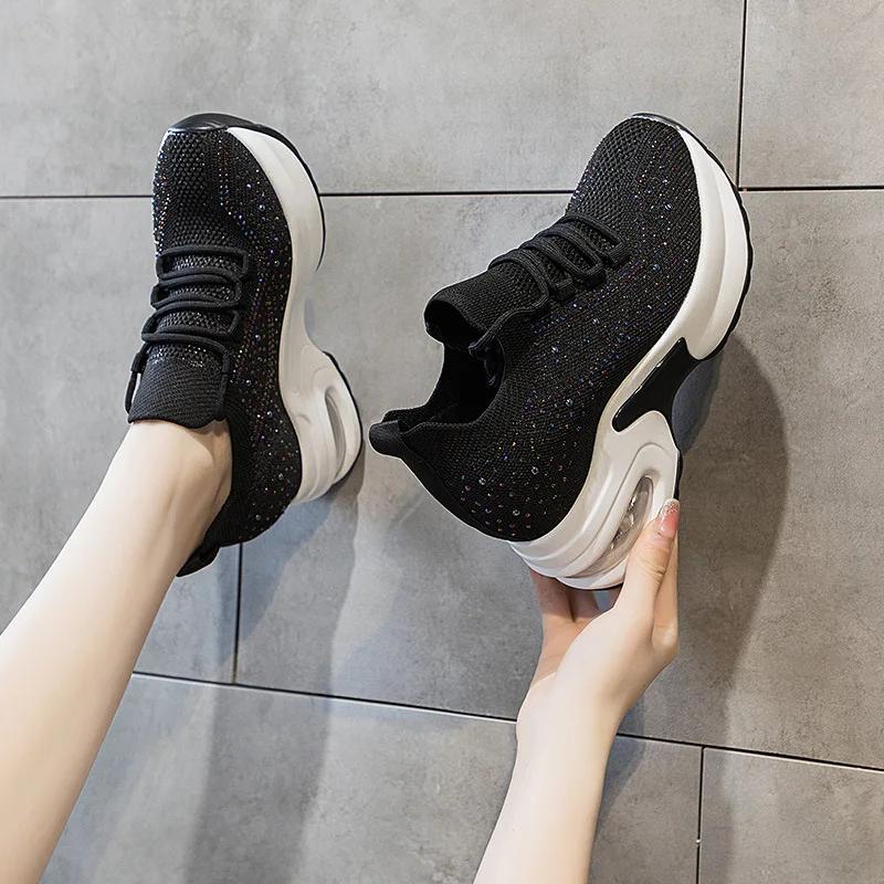 Fashion 8CM Summer Air Mesh Microfiber Vulcanize Chunky Sneaker Lace Up Women Ladies Shoes Spring Fashion Leather Flats Platform Wedge