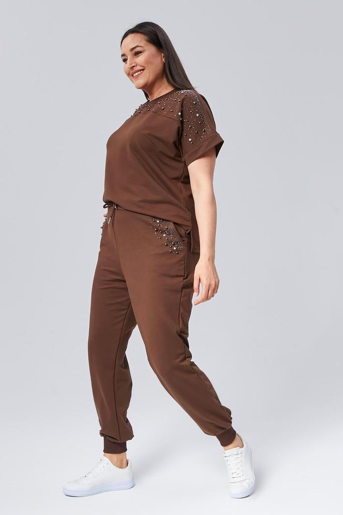 Женский модный спортивный костюм большого размера, летний зеленый спортивный костюм большого размера с камнями и бисером, с короткими рукавами