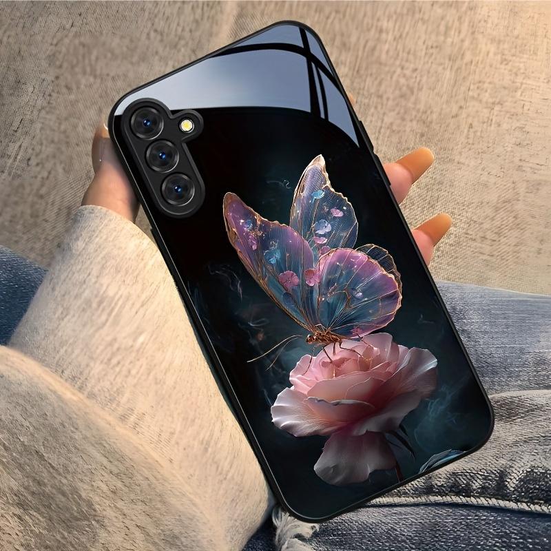 Стеклянный чехол для телефона с бабочкой на розовой розе подходит для Samsung Galaxy S26 S25 S24 S22 S21 S20 FE/Ultra/Plus противоударный
