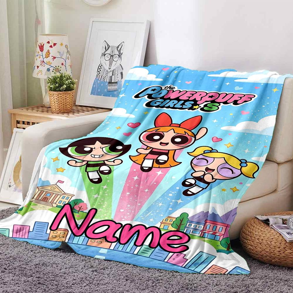 Custom Name Powerpuff Girls Adventure flannel Blanket for Super Soft Cute Comfort Blanket for Travel Bedding Couch Sofa Blanket
