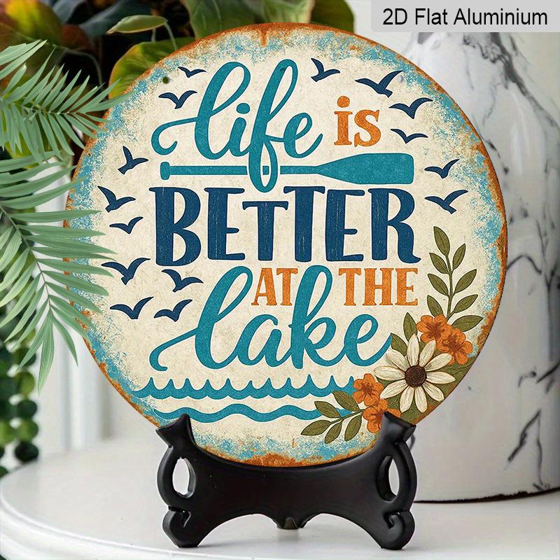 2D Flat, 1pc Round "Life Is Better At The Lake" Aluminum Hanging Sign, Vintage Lake House Paddle Flower Design, Rustic Metal Wall Decor, Perfect for