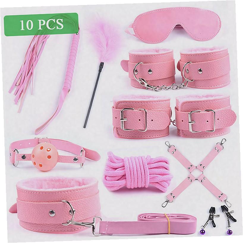 Leather BDSM Bondage Bundle Set Blindfold Handcuffs Whip Nipple Clip Butt Plug Adult Sex Toys For Women Couples Games