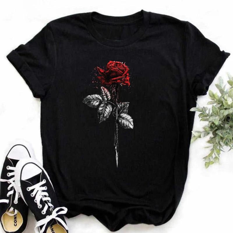 Red Rose Print Women T Shirt Summershort Sleeved Round Neck Harajuku Korean Style Graphic Tops Kawaii Female T-shirt Tops