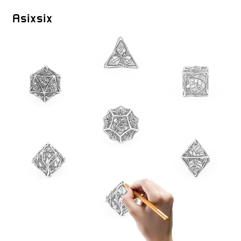 7 Pcs Blue Leaf Flower Metal Dice Hollow Metal Polyhedral Dice Set Suitable for Role-Playing RPG Board Game Card Game