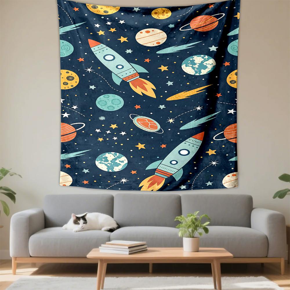 Colorful Space Rockets & Planets Design Patterned tapestry for bedroom and living room home decor