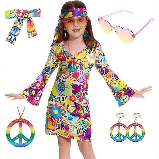 70s Hippie Print Dress for Girls Halloween Party